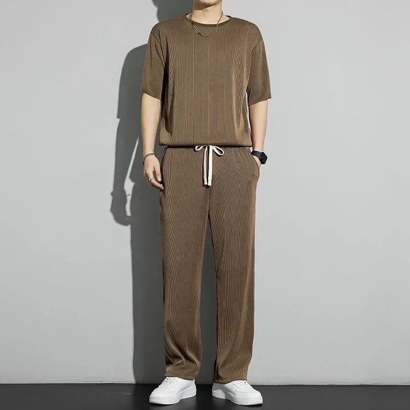 Casualsuit Ice Silk Sports Men's Summer Thin Short Sleeves T-shirt Quick Dry Long Pants Matching Half Sleeve Clothes Set - Ellianto fashion Men's