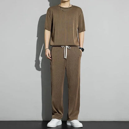 Casualsuit Ice Silk Sports Men's Summer Thin Short Sleeves T-shirt Quick Dry Long Pants Matching Half Sleeve Clothes Set - Ellianto fashion Men's