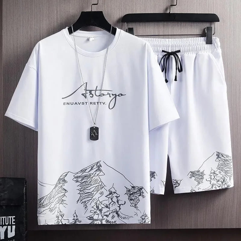 Men’s Ice Silk Gradient Set – Lightweight Short-Sleeve Tee & Casual Shorts for Summer Comfort and Sporty Style