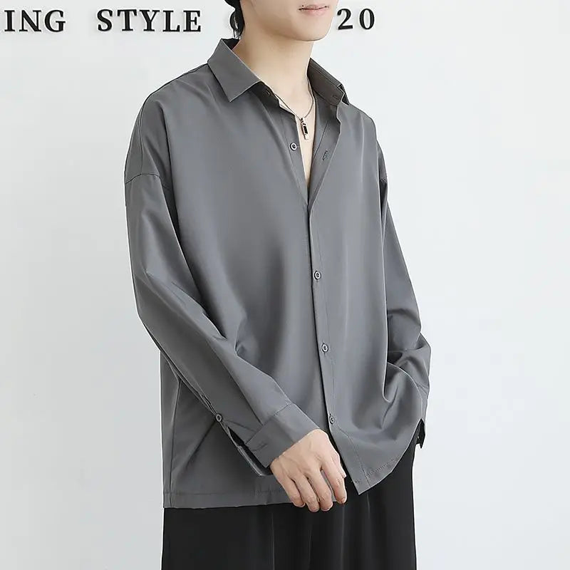 Men's Long Sleeve Shirts Easy-care Ultra-thin Casual Design Lapel Cardigan Drape Loose High-end Button Up Streetwear Shirt