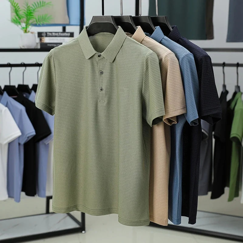 BROWON Brand 2025 Summer Polo T-shirt Men Short Sleeve Lapel Jacquard Cool Breathable Handsome Work Polo Shirt for Man 4XL - Ellianto fashion Men's