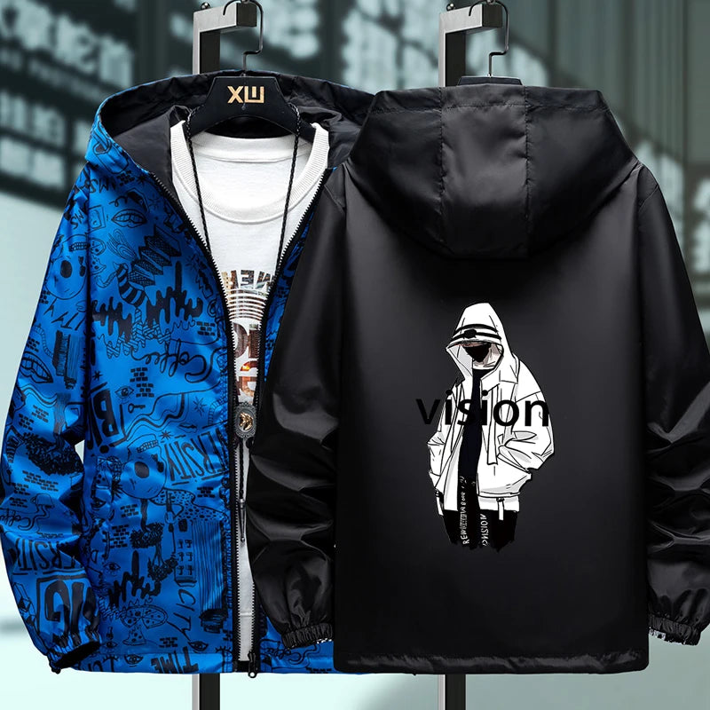 NEW Strewear Graffiti Printed Fashion Reversible Male god Jacket Men Thin Hooded Jackets Windbreakers Clothing Plus Size