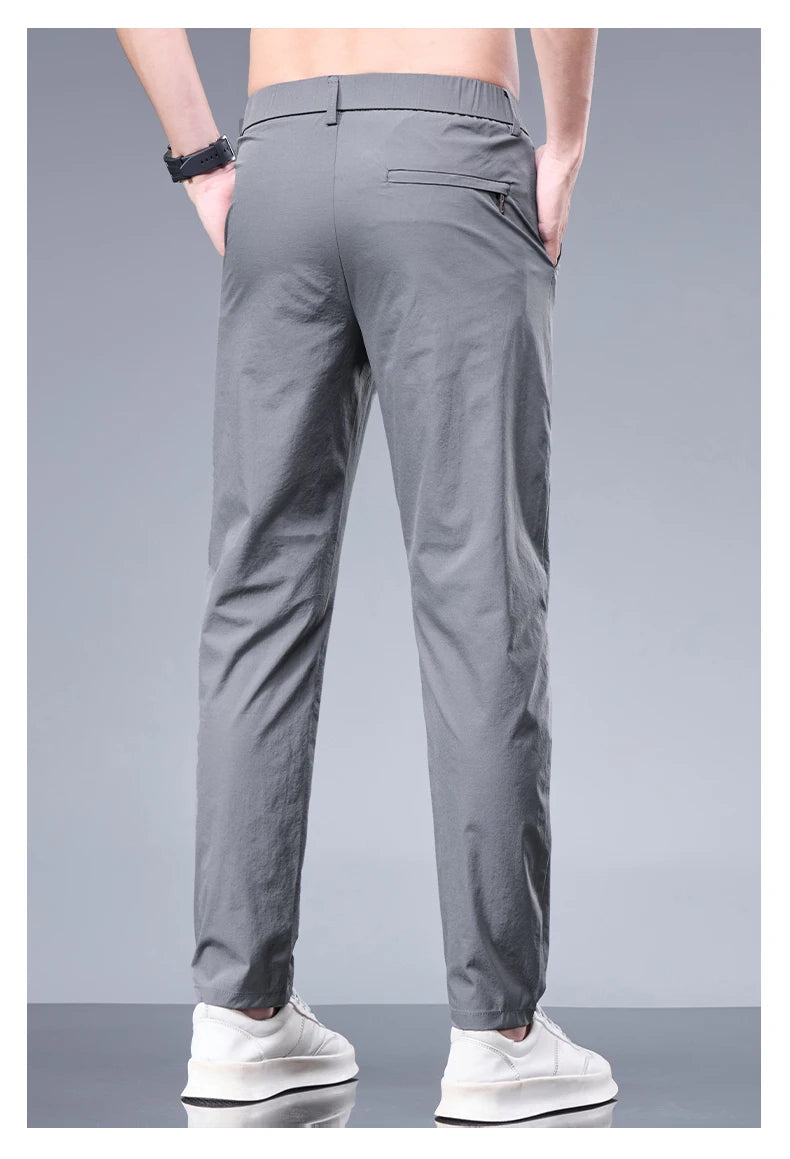 Summer New Business Ice Silk Pants Straight Elastic Waist Black Gray Trousers Breathable Simple Male Clothing Casual Suit Pants - Ellianto fashion Men's