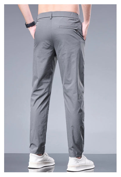 Summer New Business Ice Silk Pants Straight Elastic Waist Black Gray Trousers Breathable Simple Male Clothing Casual Suit Pants - Ellianto fashion Men's