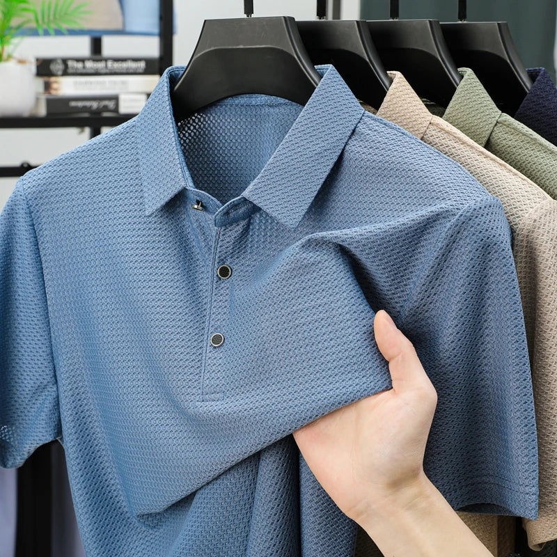 BROWON Brand 2025 Summer Polo T-shirt Men Short Sleeve Lapel Jacquard Cool Breathable Handsome Work Polo Shirt for Man 4XL - Ellianto fashion Men's