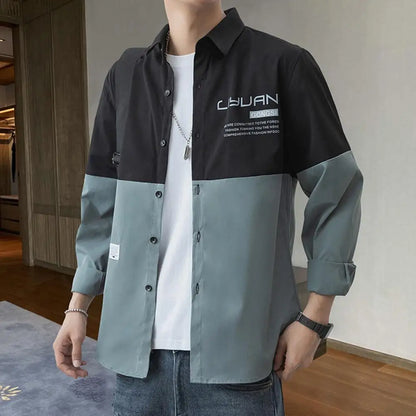 Men’s Colorblock Button-Down Jacket – Lightweight Cargo-Style Cardigan for Streetwear, Spring-Fall Comfort, and Trendy Korean Style