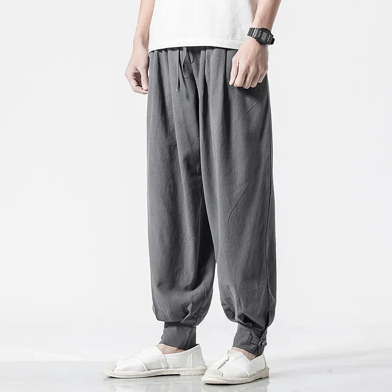 Loose-fit Cotton Linen Men's Women's Monk Pants No Tying Required Casual Spring Summer Long Pants For Zen Meditation - Ellianto fashion Men's
