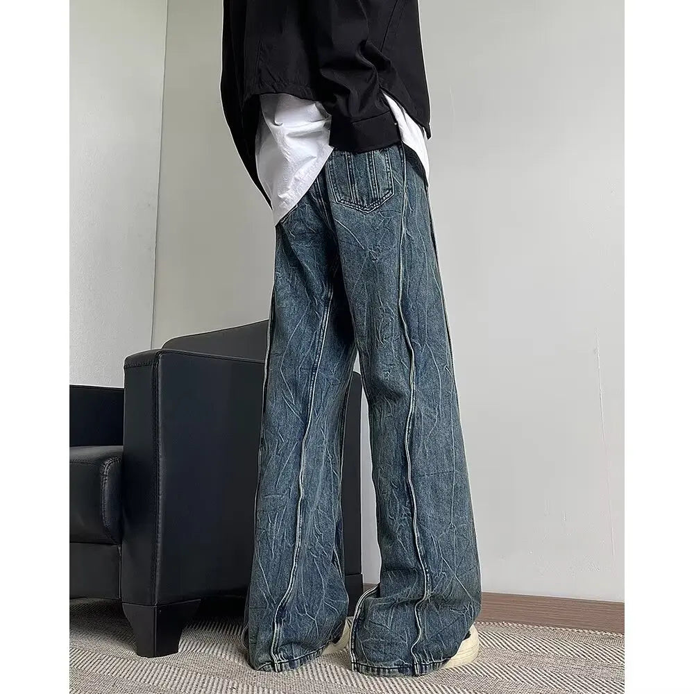 American high street men and women trendy silhouette splicing straight leg jeans couple spring loose retro casual pants - Ellianto fashion Men's