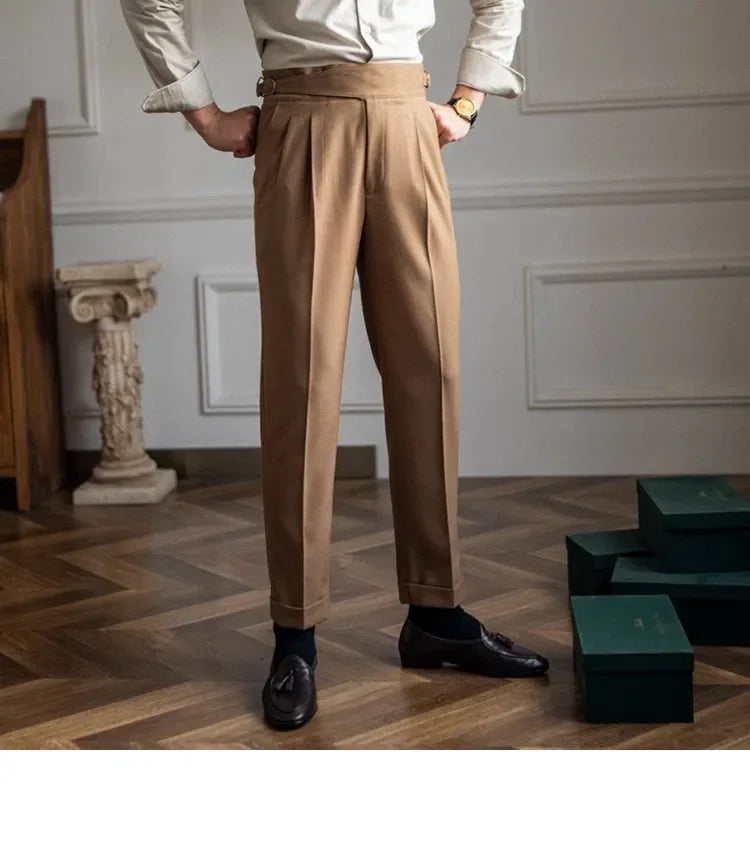 High Waist Straight Leg Casual Men's Trousers Italian Neapolitan Style Versatile Long Pants British Retro Suiting - Ellianto fashion Men's
