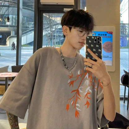 Men's Oversized T-shirts Mens Cotton T Shirt White 5XL Casual Summer Wear Fashion Bamboo Print Tee Shirts for Men Clothing - Ellianto fashion Men's