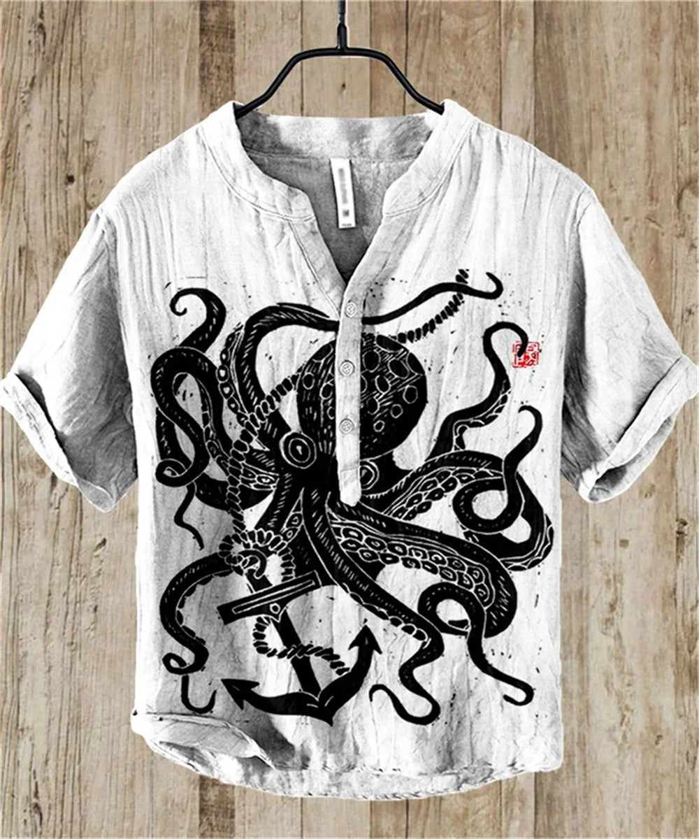 2025 Summer Japanese Water Monster Pattern Print Men's Short Sleeve Linen Shirt Hawaiian New Big Monster Shirt - Ellianto fashion Men's