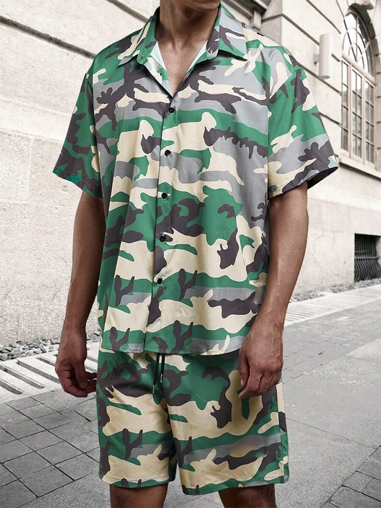 Hawaii Shirt Set Mens Yellow Duck Print Fashion Pattern Summer Fashion Casual Daily Large Button Down Shirt Shorts Two Piece Set - Ellianto fashion Men's