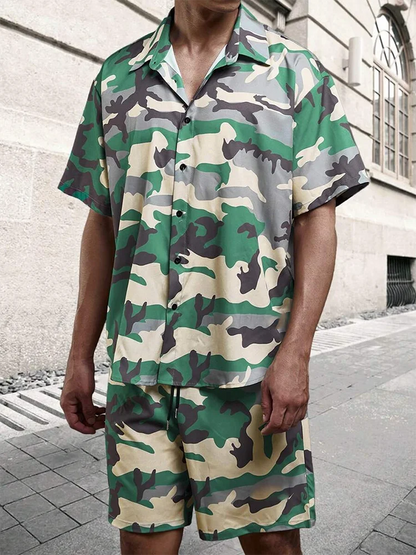 Hawaii Shirt Set Mens Yellow Duck Print Fashion Pattern Summer Fashion Casual Daily Large Button Down Shirt Shorts Two Piece Set - Ellianto fashion Men's