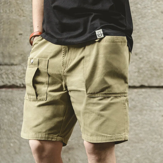 Maden Vintage P37 Cotton Cargo Shorts Men's Summer Solid Color Adjustable Waist Shorts Straight Leg Military Style Casual Bottom - Ellianto fashion Men's