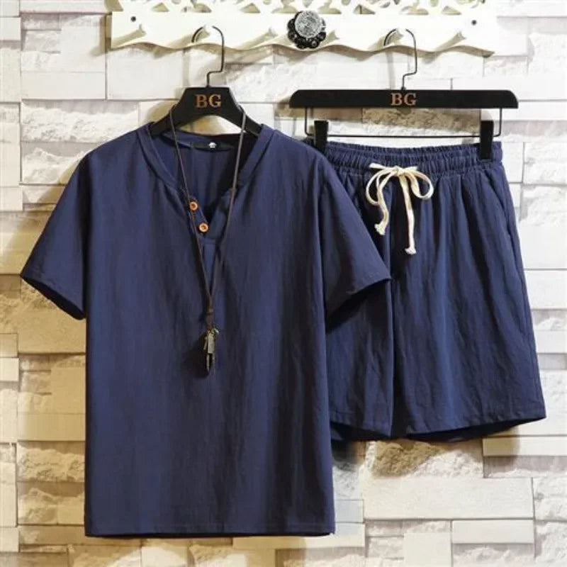 Cotton Linen Man Sets Plain Sports V-neck Basic 2 Piece Outfit Loose Fashion 2025 Cool Elastic Tee T-shirts Shorts Suits for Men