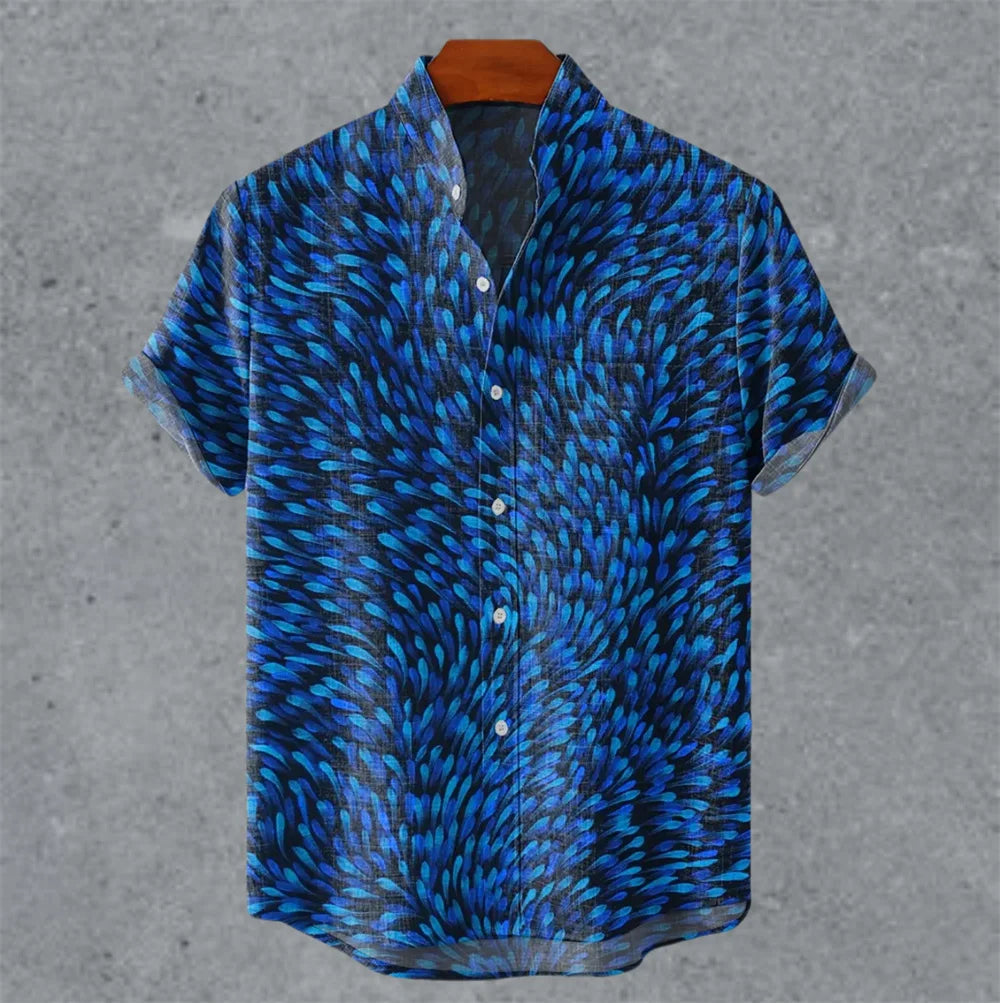 Art retro vintage men's shirt with mottled marks, standing collar printed short sleeved shirt, casual and comfortable top S-5XL - Ellianto fashion Men's