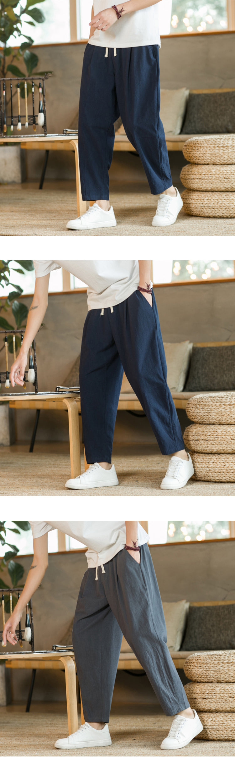 Men's Trousers Cotton Linen Fashion Casual Pants Solid Color Breathable Loose Shorts Straight Drawstring Pants Streetwear Men - Ellianto fashion Men's