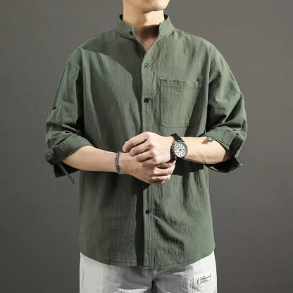 2023 Summer Cotton-Linen 3/4 Sleeve Shirt – Lightweight Comfort and Relaxed Japanese-Inspired Style for the Modern Gentleman