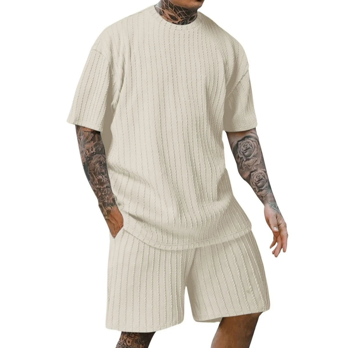 New men's sporty solid-color round-neck pullover vertical striped T-shirt, shorts and short sleeves two-piece casual set 2025 - Ellianto fashion Men's