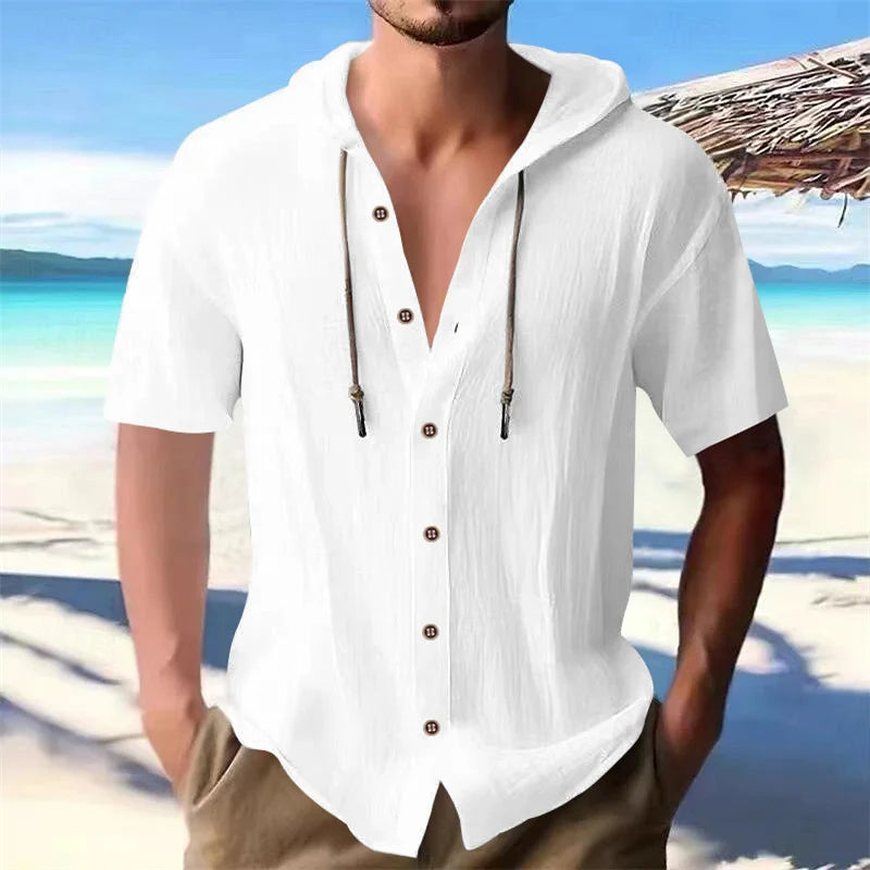 Cross-border men's solid color casual short-sleeved shirt with hooded drawstring cotton hemp cardigan with loose T-shirt - Ellianto fashion Men's