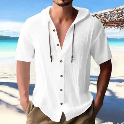 Cross-border men's solid color casual short-sleeved shirt with hooded drawstring cotton hemp cardigan with loose T-shirt - Ellianto fashion Men's