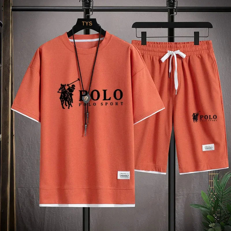 Set In the summer of 2025, a two-piece set of Korean-style men's short-sleeved T-shirt and sports shorts paired with casual sportswe - Ellianto fashion Men's