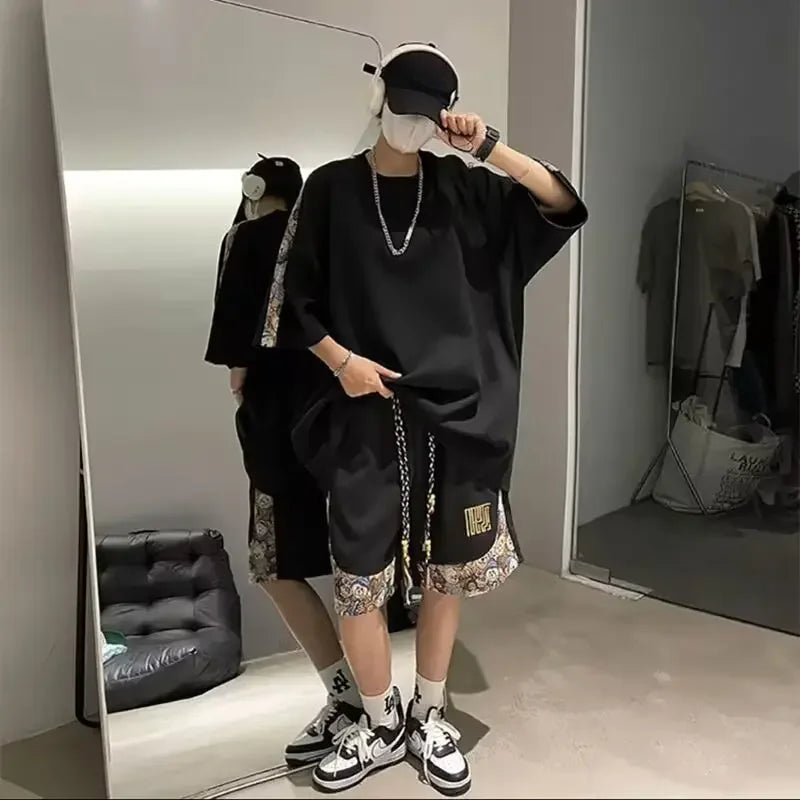 Chinese Style Men's Loose-fit Short Sleeve T-shirt Patchwork Design Sensibility Summer Sport Casual 2-piece Set - Ellianto fashion Men's