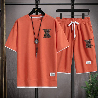 Set 2025 Summer Trend European and American men's sportswear Set: A brand-new outdoor jogging casual breathable short-sleeved T-shir - Ellianto fashion Men's