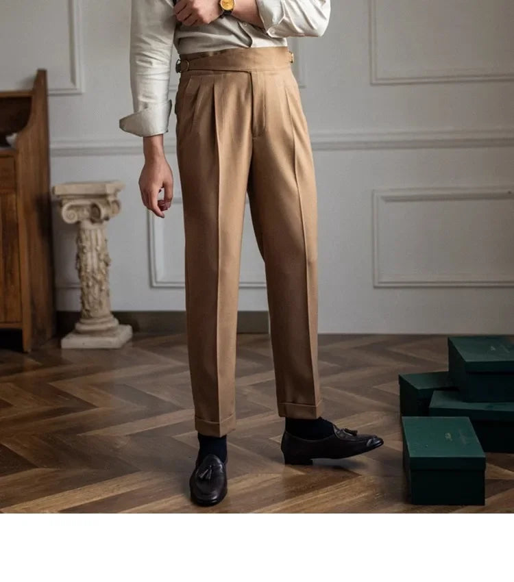 High Waist Straight Leg Casual Men's Trousers Italian Neapolitan Style Versatile Long Pants British Retro Suiting - Ellianto fashion Men's