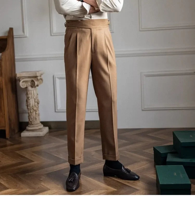 High Waist Straight Leg Casual Men's Trousers Italian Neapolitan Style Versatile Long Pants British Retro Suiting - Ellianto fashion Men's