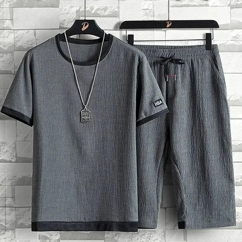 Ice Silk Men's Casual Sportswear Loose plus Size Summer Fashionable Short Sleeve Seven-Piece Pants Two-Piece Set - Ellianto fashion Men's