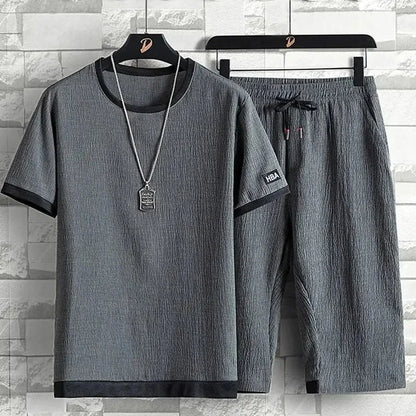 Ice Silk Men's Casual Sportswear Loose plus Size Summer Fashionable Short Sleeve Seven-Piece Pants Two-Piece Set - Ellianto fashion Men's