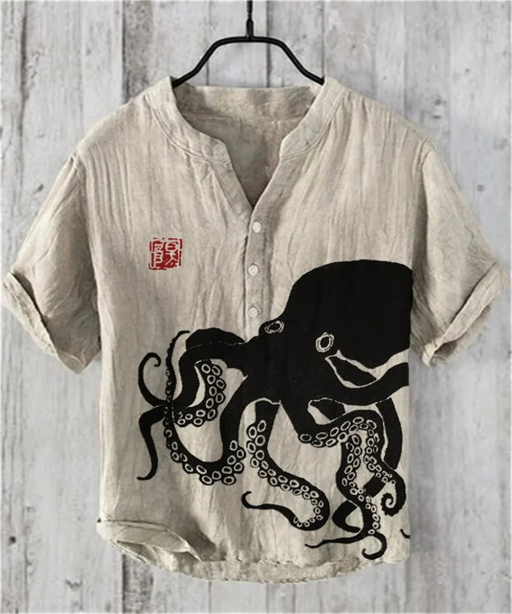 2025 Summer Japanese Water Monster Pattern Print Men's Short Sleeve Linen Shirt Hawaiian New Big Monster Shirt - Ellianto fashion Men's