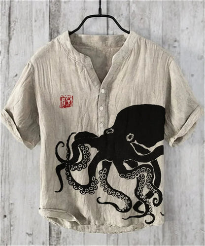 2025 Summer Japanese Water Monster Pattern Print Men's Short Sleeve Linen Shirt Hawaiian New Big Monster Shirt - Ellianto fashion Men's