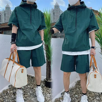 Summer Cargo Style Set Men's Casual Hooded Solid Short Sleeve T-shirt Shorts Loose Fashion High Quality Handsome Sweatshirt Suit - Ellianto fashion Men's