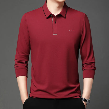 New Men's Business Casual Long Sleeved Shirt with Badge Solid Color Polo Shirt Fashionable Breathable Comfortable Versatile Top - Ellianto fashion Men's