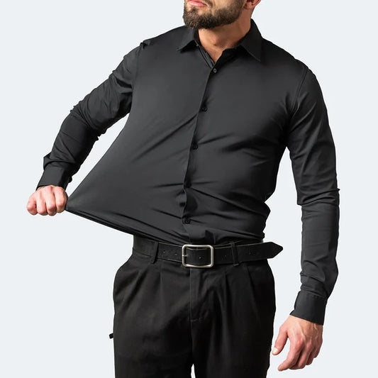 High Elasticity Seamless Spandex Shirt Men Long Sleeve Slim Fit Casual Solid Color Social Formal Dress Shirts 2025 - Ellianto fashion Men's
