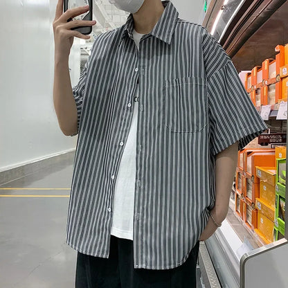 Japanese Style Simple Striped Short Sleeve Shirt For Men Summer Korean Trendy Loose Fit Casual Jacket