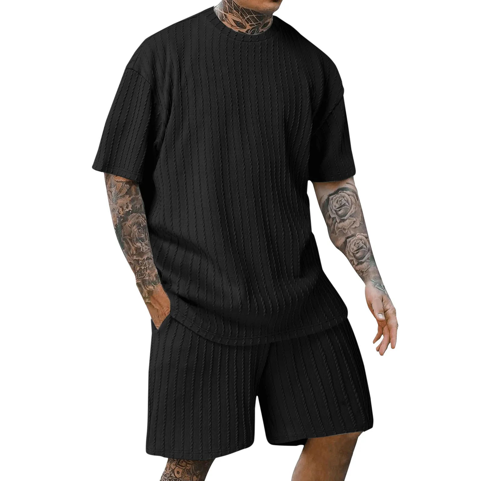 New men's sporty solid-color round-neck pullover vertical striped T-shirt, shorts and short sleeves two-piece casual set 2025 - Ellianto fashion Men's