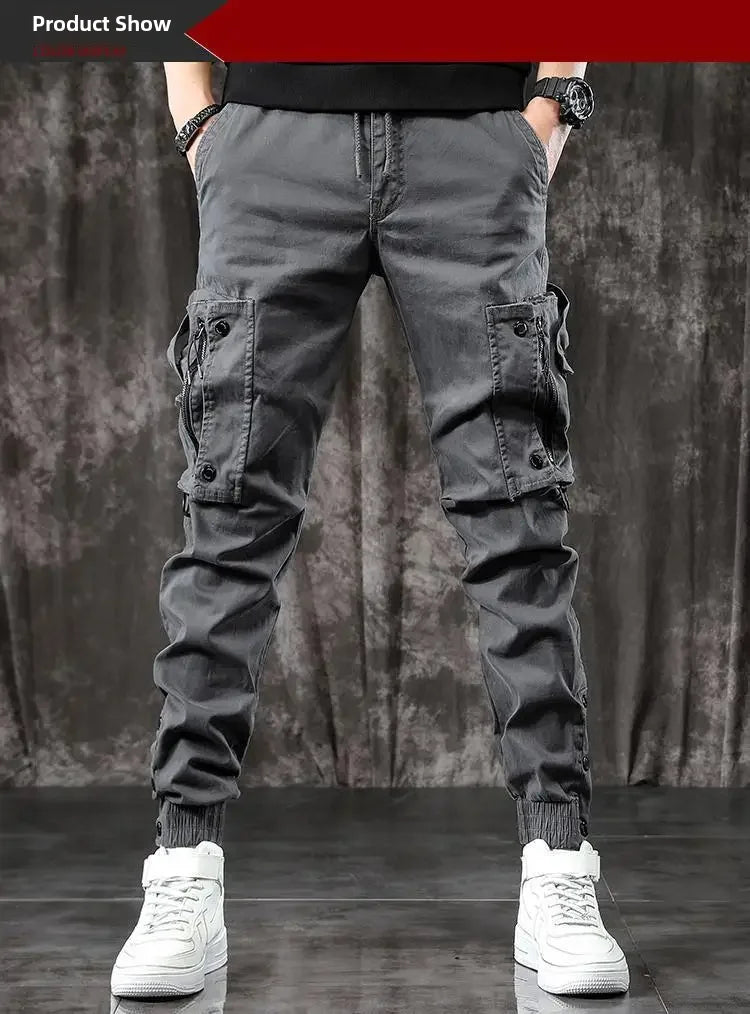 Trendy Men's Spring Autumn Cargo Pants Slim Fit Casual Style Loose Fit American Style Multiple Pocket Small Foot Pants Black - Ellianto fashion Men's