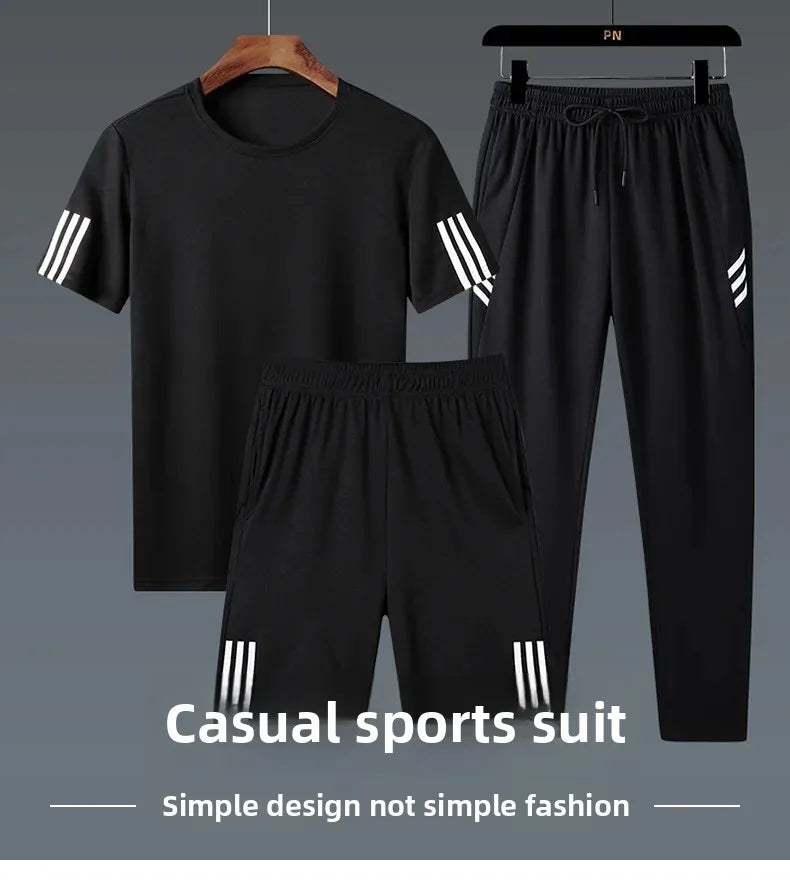 Summer Casual Sports Men's Short Sleeve T-Shirt plus Size Three-Piece Set New Style Long Pants Comfortable Breathable Clothing - Ellianto fashion Men's