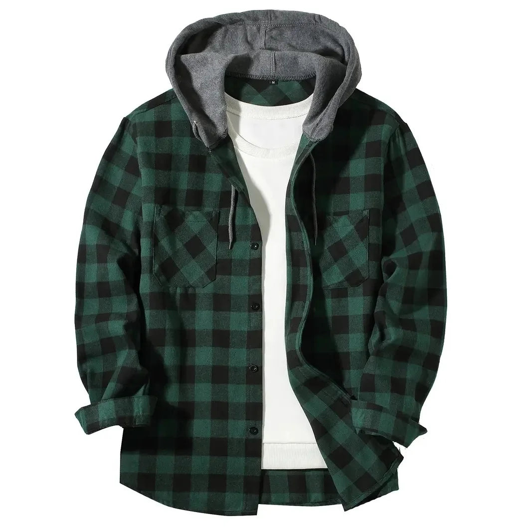 Men's Shirts Classic Plaid Casual Button Down Hooded Long Sleeved Double Pockets Shirt Hoodie Flannel Jacket Spring Autumn Tops - Ellianto fashion Men's