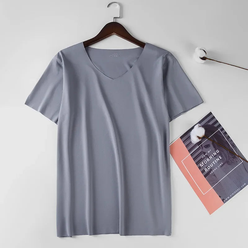 Men's Skinny Undershirt Plus Size Ice Silk Basic Shirts Breathable V-Neck Seamless T-shirt Underwear Thin Slim Bottoming Shirt - Ellianto fashion Men's