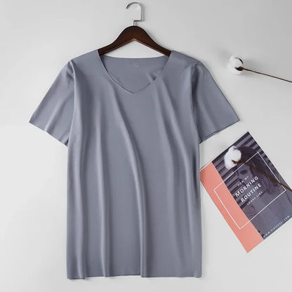 Men's Skinny Undershirt Plus Size Ice Silk Basic Shirts Breathable V-Neck Seamless T-shirt Underwear Thin Slim Bottoming Shirt - Ellianto fashion Men's