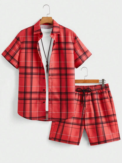 Set Street Casual Men's Suit Personalized Fashion Plaid Printed Pattern Short Sleeve Lapel Shirt and Shorts Men's Two Piece Set - Ellianto fashion Men's