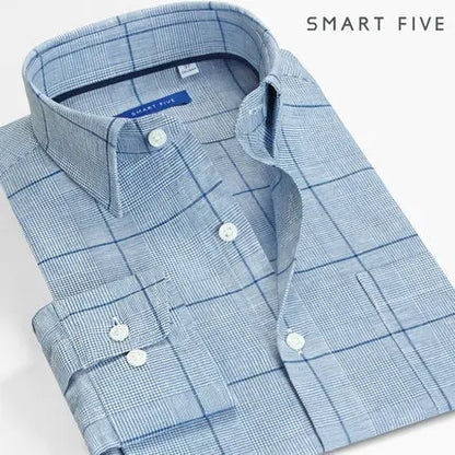 Smart Five Cotton-Linen Plaid Long-Sleeve Shirt – Designer Style and Cool Comfort for the Distinguished Man