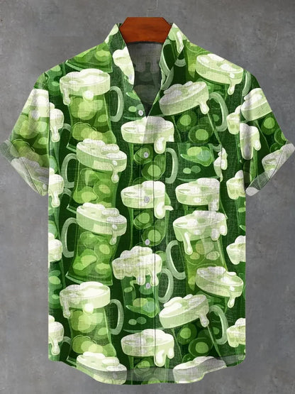 Hawaiian Men's Linen Short Sleeve Shirt Folk Flower Pattern Harajuku Street Clothing Holiday Casual Top - Ellianto fashion Men's