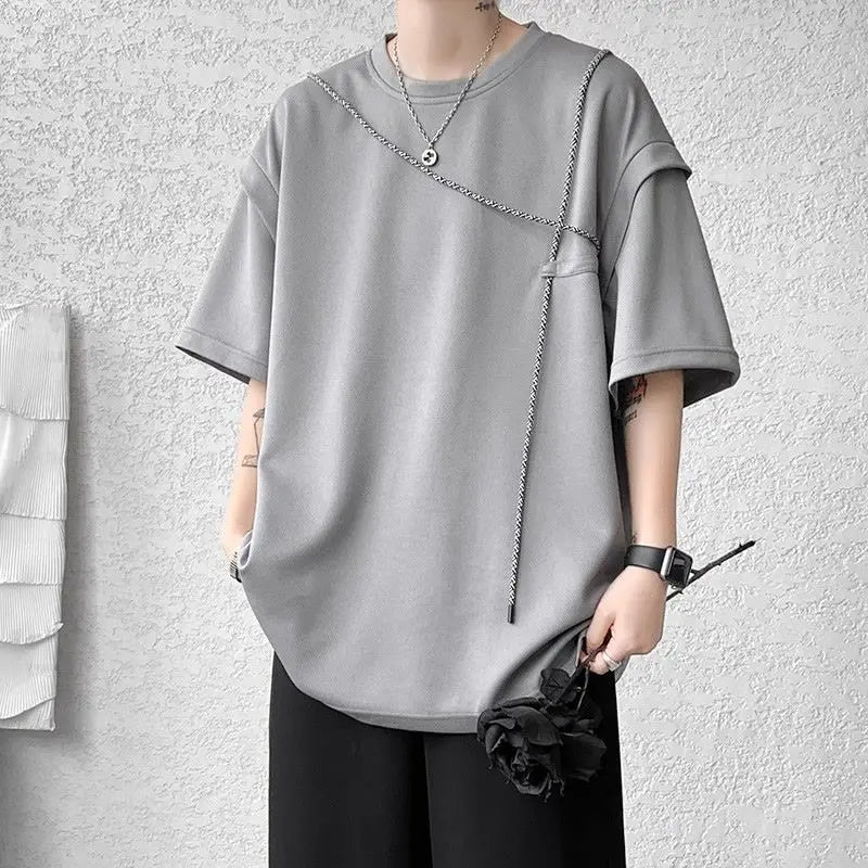 Fake Two-piece Short-sleeve T-shirt for Men New Summer Style American Retro High Street Trendy Brand Loose T-shirt - Ellianto fashion Men's