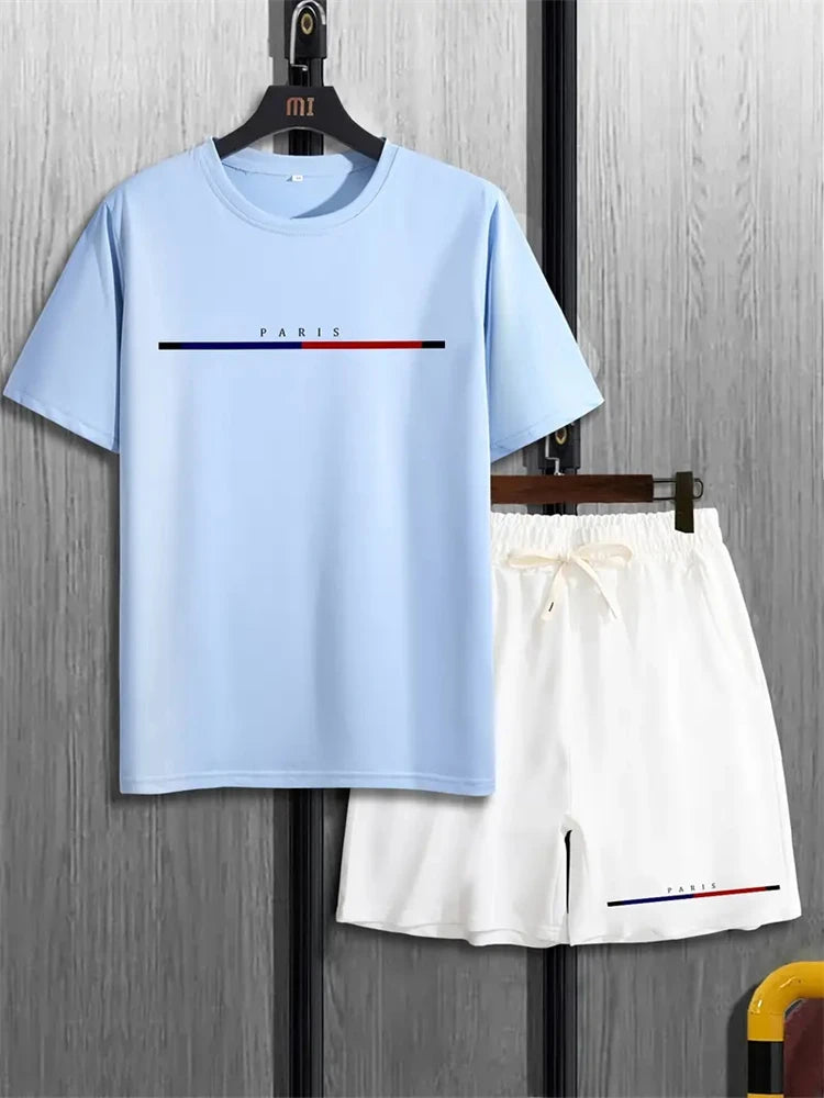 set / 2025 New Fashion Design Men's T-Shirt Men's Sports Drawstring Shorts Simple Printed Men's 2-Piece Summer Gym Breathable Suit - Ellianto fashion Men's