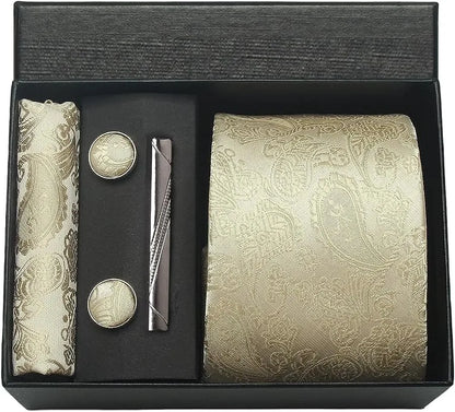 100% Silk Necktie Paisley Floral Mens Tie Top Quality Business Tie Pocket Square Tie Clip Cufflinks Set Classic For Men Gift Box - Ellianto fashion Men's